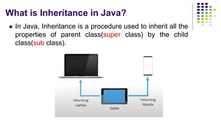 What is Inheritance in Java?
⚫ In Java, Inheritance is a procedure used to inherit all the
properties of parent class(super class) by the child
class(sub class).
 
