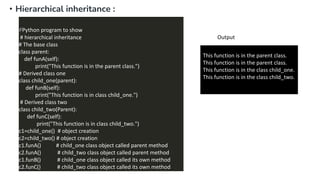 • Hierarchical inheritance :
This function is in the parent class.
This function is in the parent class.
This function is in the class child_one.
This function is in the class child_two.
Output
#Python program to show
# hierarchical inheritance
# The base class
class parent:
def funA(self):
print("This function is in the parent class.")
# Derived class one
class child_one(parent):
def funB(self):
print("This function is in class child_one.")
# Derived class two
class child_two(Parent):
def funC(self):
print("This function is in class child_two.")
c1=child_one() # object creation
c2=child_two() # object creation
c1.funA() # child_one class object called parent method
c2.funA() # child_two class object called parent method
c1.funB() # child_one class object called its own method
c2.funC() # child_two class object called its own method
 