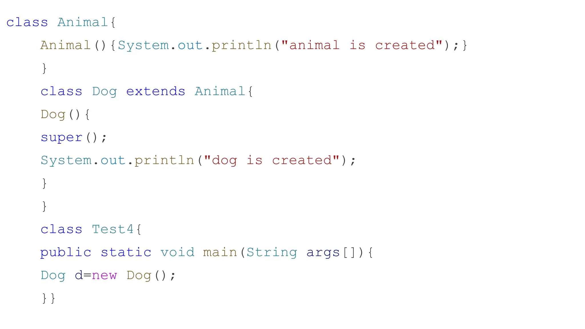 class Animal{ Animal(){System.out.println("animal is created");} } class Dog extends Animal{ Dog(){ super(); System.out.println("dog is created"); } } class Test4{ public static void main(String args[]){ Dog d=new Dog(); }} 