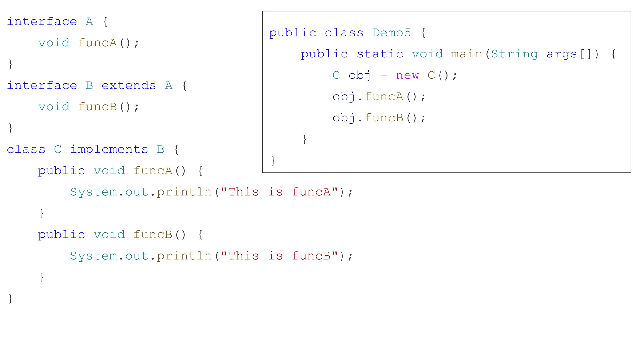 interface A { void funcA(); } interface B extends A { void funcB(); } class C implements B { public void funcA() { System.out.println("This is funcA"); } public void funcB() { System.out.println("This is funcB"); } } public class Demo5 { public static void main(String args[]) { C obj = new C(); obj.funcA(); obj.funcB(); } } 