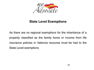 Deductions in transfer of Family Business 
Tax exemption of 95% of the value of the business 
Should be children or spouse to inherit to benefit from the 
deduction 
12 
 