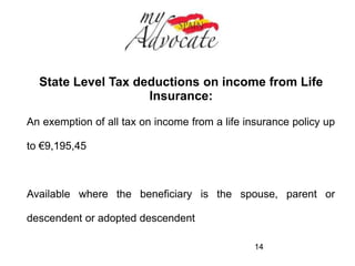 Inheritance of the Family Home 
Exemptions exist for child, parent and spouse of the 
deceased with a value up to 95% of value up to max of 
€150,000 per beneficiary 
14 
 