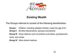 Existing Wealth 
Once the relevant tax rate has been applied the result is 
multiplied by a coefficient determined by the existing wealth of 
the beneficiary as well as the group to which they belong: 
Pre-existing Wealth Groups 
In Euros I y II III IV 
From 0 a 390.657,87 1 1,5882 2 
From 390.657,87 to 
1.965.309,58 
1,05 1,6676 2,1 
From 1.965.309,58 to 
3.936.629,28 
1,1 1,7471 2,2 
More than 3.936.629,28 1,2 1,9059 2,4 
22 
 