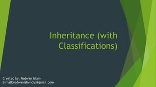 Inheritance (with
Classifications)
Created by: Redwan islam
E-mail:redwanislamdip@gmail.com
 