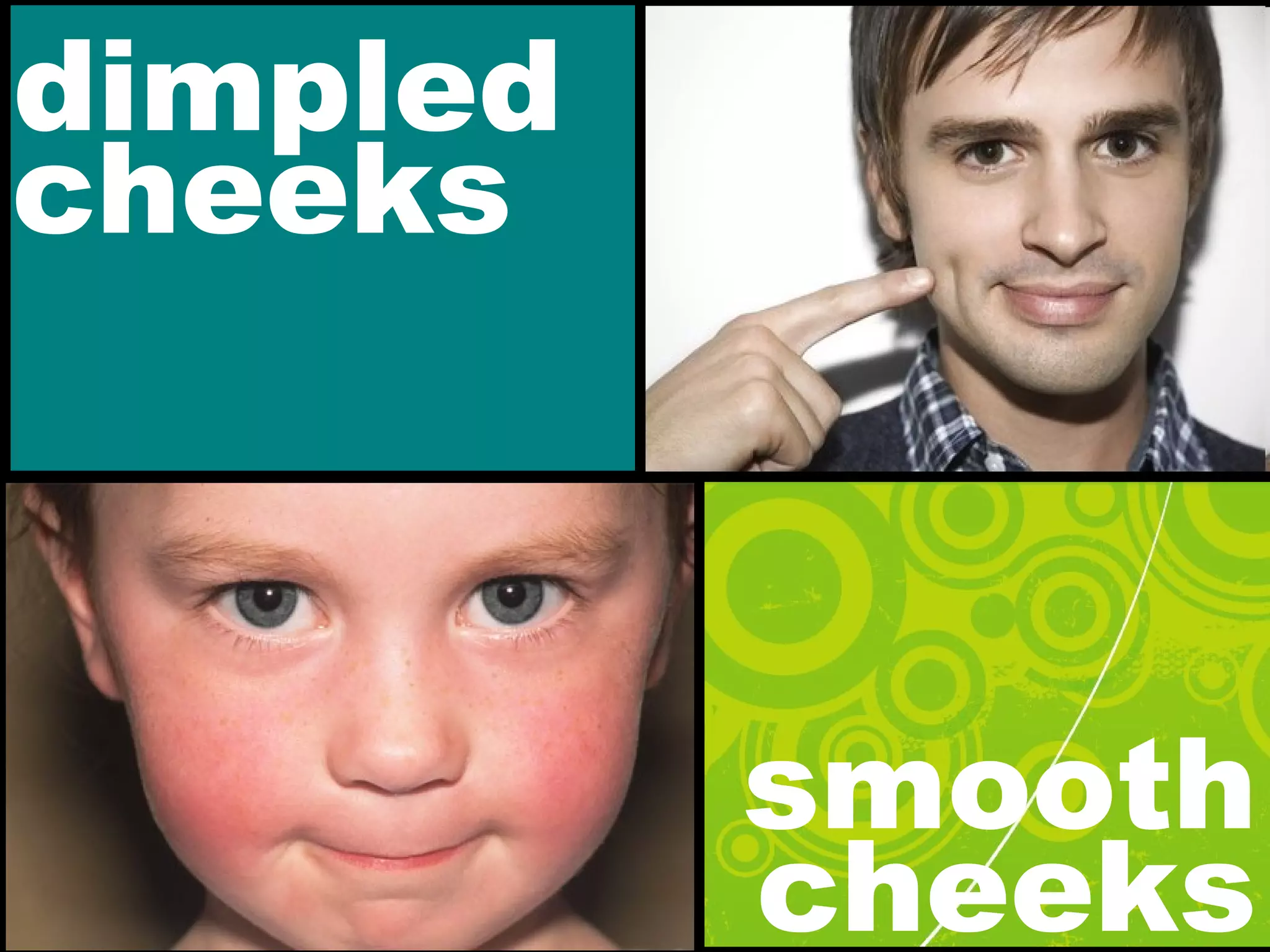 dimpled
cheeks
smooth
cheeks
 