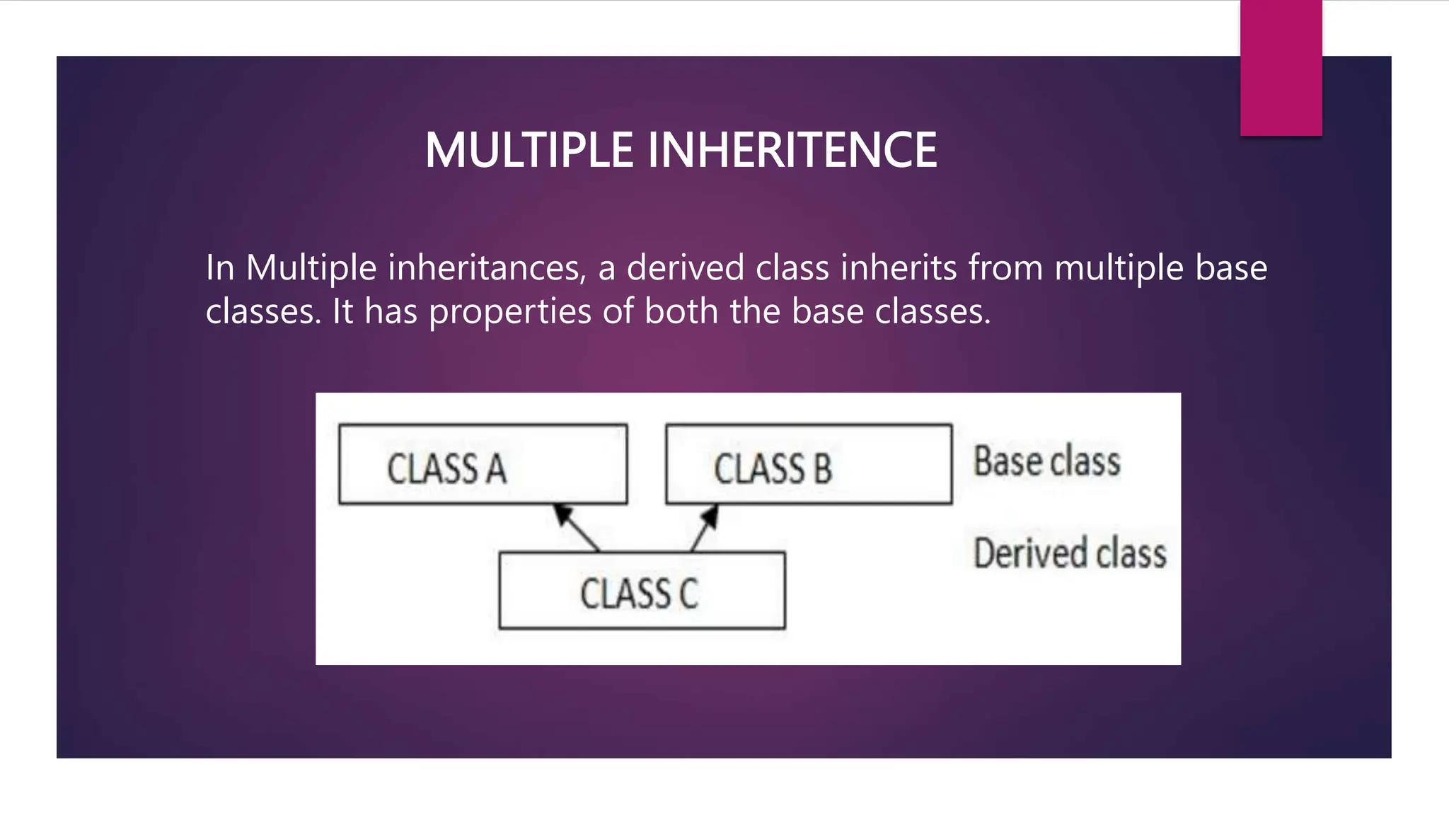 MULTIPLE INHERITENCE
In Multiple inheritances, a derived class inherits from multiple base
classes. It has properties of both the base classes.
 