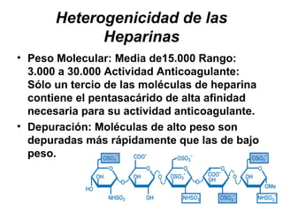 Heterogenicidad de las
Heparinas
• Peso Molecular: Media de15.000 Rango:
3.000 a 30.000 Actividad Anticoagulante:
Sólo un tercio de las moléculas de heparina
contiene el pentasacárido de alta afinidad
necesaria para su actividad anticoagulante.
• Depuración: Moléculas de alto peso son
depuradas más rápidamente que las de bajo
peso.
 