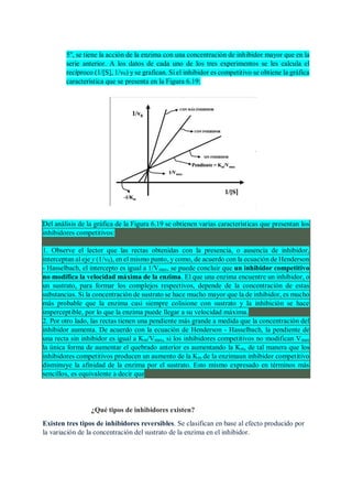 5'', se tiene la acción de la enzima con una concentración de inhibidor mayor que en la
serie anterior. A los datos de cada uno de los tres experimentos se les calcula el
recíproco (1/[S], 1/v0) y se grafican. Si el inhibidor es competitivo se obtiene la gráfica
característica que se presenta en la Figura 6.19:
Del análisis de la gráfica de la Figura 6.19 se obtienen varias características que presentan los
inhibidores competitivos:
1. Observe el lector que las rectas obtenidas con la presencia, o ausencia de inhibidor,
interceptan al eje y (1/v0), en el mismo punto, y como, de acuerdo con la ecuación de Henderson
- Hasselbach, el intercepto es igual a 1/Vmax, se puede concluir que un inhibidor competitivo
no modifica la velocidad máxima de la enzima. El que una enzima encuentre un inhibidor, o
un sustrato, para formar los complejos respectivos, depende de la concentración de estas
substancias. Si la concentración de sustrato se hace mucho mayor que la de inhibidor, es mucho
más probable que la enzima casi siempre colisione con sustrato y la inhibición se hace
imperceptible, por lo que la enzima puede llegar a su velocidad máxima.
2. Por otro lado, las rectas tienen una pendiente más grande a medida que la concentración del
inhibidor aumenta. De acuerdo con la ecuación de Henderson - Hasselbach, la pendiente de
una recta sin inhibidor es igual a Km/Vmax, si los inhibidores competitivos no modifican Vmax
la única forma de aumentar el quebrado anterior es aumentando la Km, de tal manera que los
inhibidores competitivos producen un aumento de la Km de la enzimaun inhibidor competitivo
disminuye la afinidad de la enzima por el sustrato. Esto mismo expresado en términos más
sencillos, es equivalente a decir que
¿Qué tipos de inhibidores existen?
Existen tres tipos de inhibidores reversibles. Se clasifican en base al efecto producido por
la variación de la concentración del sustrato de la enzima en el inhibidor.
 