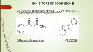 INHIBITORS OF COMPLEX – II
 2-THENOYLTRIFLUOROACETONE and CARBOXIN :Both
electron transport in Complex – II .
2-Thenoyltrifluoroacetone CARBOXIN
 