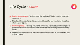 Life Cycle - Growth
■ Quality Improvement – We improved the quality of Tinder in order to attract
more users.
■ The algori...