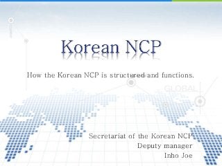 How the Korean NCP is structured and functions.
Secretariat of the Korean NCP
Deputy manager
Inho Joe
 