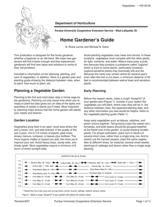 Vegetables • HO-32-W




                                                        Department of Horticulture

                                                        Purdue University Cooperative Extension Service • West Lafayette, IN


                                                             Home Gardener’s Guide
                                                                    B. Rosie Lerner and Michael N. Dana


This publication is designed for the home gardener,                                           Avoid planting vegetables near trees and shrubs. In these
whether a beginner or an old hand. We hope new gar-                                           locations, vegetables must compete with the other plants
deners will !nd it basic enough and that experienced                                          for light, nutrients, and water. Walnut trees pose a prob-
gardeners will !nd new ideas and solutions to some of                                         lem because they produce a substance called "juglone",
their old problems.                                                                           which is toxic to some plants, particularly tomatoes.
                                                                                              Juglone-sensitive plants may eventually wilt and die.
Included is information on the planning, planting, and                                        Because the roots may remain active for several years
care of vegetables. In addition, there is a garden plan and                                   even after the tree is cut down, a minimum distance of 50
planting guide showing the distance between rows, when                                        feet is recommended between walnut trees and sensitive
to plant, how much to plant, etc.                                                             plants.

Planning a Vegetable Garden                                                                   Early Planning

Planning is the !rst and most basic step in home vege-ta-                                     Before the season starts, make a rough “blueprint” of
ble gardening. Planning not only saves time when you’re                                       your garden plot (Figure 1). Include in your sketch the
ready to plant but also gives you an idea of the types and                                    vegetables you will plant, which rows they will be in, the
quantities of seeds or plants you’ll need. Most important-                                    distance between rows, the expected planting date, and
ly, planning helps assure that the home garden will satisfy                                   any other information you feel would be helpful. Refer to
your needs and desires.                                                                       the vegetable planting guide (Table 1).

Garden Location                                                                               Keep early vegetables such as lettuce, radishes, and
                                                                                              green onions together. Tall-growing crops like sweet corn,
Vegetables grow best in an open, level area where the                                         tomatoes, and pole beans should be grouped together
soil is loose, rich, and well drained. If the quality of the                                  at the North end of the garden, to avoid shading smaller
soil is poor, mix in 2-3 inches of topsoil, peat moss,                                        plants. For proper pollination, plant corn in blocks of
strawy manure, compost, or leaves plus fertilizer. The                                        several short rows, rather than a single long row. And to
more organic matter or topsoil you add, the more you’ll                                       stretch out the harvest season, plant the same vegeta-
improve your soil. Avoid heavy clays, sandy soils, and                                        bles at different times, for instance, several small weekly
shady spots. Most vegetables require a minimum of 6                                           plantings of cabbage and beans rather than a single large
hours of direct sunlight daily.                                                               planting.

                                                              GARDEN PLAN (20 by 50 feet)

   1 ft.                                                                                                                                                        **
                       Spinach (Mar. 20, 1/2oz.)              Lettuce (Mar. 20, 1pkt.)            Radishes (Mar. 30, 1 pkt.)           Beets (Apr. 1, 1/2oz.)
    2 ft.                                                                                                                                                       **
                         Onions (Apr. 1, 1/2lb. sets)                                                 Carrots (Apr. 10, 1/4oz.)
   3 ft.
                         Snap Beans (May 10, 1/4lb.)                                                Snap Beans (May 25, 1/4lb.)                                 **
   3 ft.
                         Snap Beans (June 10, 1/4lb.)                                              Tomatoes (May 15, 8 plants)
   3 ft.
                         Corn (May 10, 1/2 pkt)                      Corn (May 25, 1/2 pkt)                             Corn (June 10, 1/2 pkt)
   3 ft.
                         Corn (May 10, 1/2 pkt)                      Corn (May 25, 1/2 pkt)                             Corn (June 10, 1/2 pkt)
   3 ft.
                         Corn (May 10, 1/2 pkt)                      Corn (May 25, 1/2 pkt)                             Corn (June 10, 1/2 pkt)
    2 ft.
            !
            ** Replant this row to late crops such as snap beans, carrots, broccoli, cabbage, radishes, spinach, lettuce.!
            !
            Figure 1. Make a rough "blueprint" of your garden plot before the season starts.


Revised 8/07                                            Purdue University Cooperative Extension Service                                                         Page 1 of 11
 