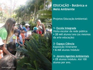 EDUCAÇÃO – Botânica e
                          Meio Ambiente


                          Projetos Educação Ambiental:


                          1- Escola Integrada
                          Visita escolar da rede pública
                           20 mil alunos/ano (os mesmos
                          da arte educação)

                          2- Espaço Ciência
                          Exposição itinerante
                           6 mil alunos/módulo

                          3- Jovens Agentes Ambientais
                           25 alunos/módulo. Até 100
                          alunos por ano.
Escola Integrada - 2010
 