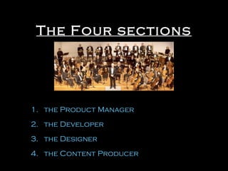 The Four sections

1. the Product Manager
2. the Developer
3. the Designer
4. the Content Producer

 