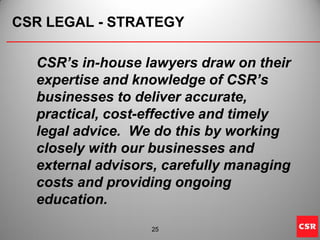 CSR LEGAL PRE-GFC


               CSR CORPORATE
             GENERAL COUNSEL & CO SEC
                LEGAL DEPARTMENT


...