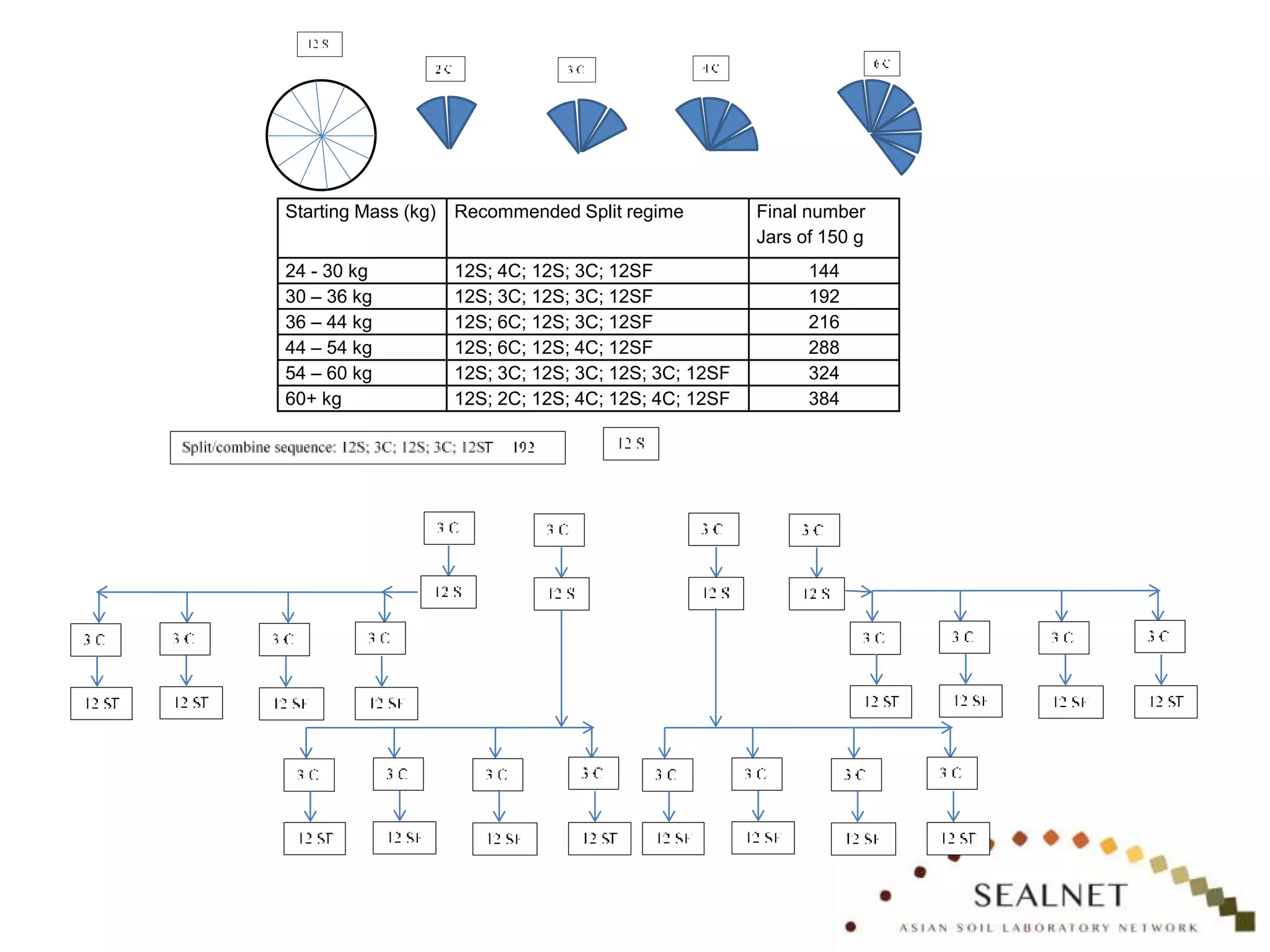 Starting Mass (kg) Recommended Split regime Final number
Jars of 150 g
24 - 30 kg 12S; 4C; 12S; 3C; 12SF 144
30 – 36 kg 12S; 3C; 12S; 3C; 12SF 192
36 – 44 kg 12S; 6C; 12S; 3C; 12SF 216
44 – 54 kg 12S; 6C; 12S; 4C; 12SF 288
54 – 60 kg 12S; 3C; 12S; 3C; 12S; 3C; 12SF 324
60+ kg 12S; 2C; 12S; 4C; 12S; 4C; 12SF 384
 