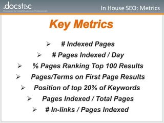 In House SEO: Metrics
# Indexed Pages
# Pages Indexed / Day
% Pages Ranking Top 100 Results
Pages/Terms on First Page Results
Position of top 20% of Keywords
Pages Indexed / Total Pages
# In-links / Pages Indexed
Key Metrics