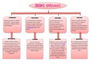 FACEBOOK
FACEBOOK
Ideal para conectar con clientes
potenciales a través de páginas
de empresa o fidelizar clientes a
través de grupos.
WHATSAPP
Es una aplicación de mensajería
que permite enviar y recibir
mensajes sin pagar. Además de la
mensajería básica, los usuarios
de WhatsApp pueden crear
grupos,
YOUTUBE
Un vídeo bien hecho con el
título y el contenido
adecuado, puede tener un
enorme impacto viral para tu
marca, sobre todo si el
vídeo alcanza las páginas más
vistas.
TWETTER
Ofrece un sencillo servicio que
puede ayudar a tu negocio a
estar en contacto con
seguidores y clientes a través de
su servicio de mensajería con un
máximo de 140 caracteres por
mensaje.
INSTAGRAM
Creada en 2010 ha tenido un
crecimiento espectacular en muy
poco tiempo. Red social para
compartir fotografías y vídeos de
corta duración. Los usuarios utilizan
mucho los hashtags acompañando
las imágenes y vídeos que
comparten.
LI KEDIN
Es la red social para
profesionales, especialmente
interesante para negocios B2B.Es
importante destacar que un 45%
de los usuarios de esta red son
decision makers.
GOOGLE+
Integra los servicios sociales, tales
como Google Perfiles y Google
Buzz, e introduce los nuevos
servicios Círculos, Quedadas,
Intereses y Mensajes. Google+ es
una red social que permite
interactuar con personas y
empresas clasificándolas en
círculos según el criterio que se
quiera.
SNAPCHAT
Es una aplicación móvil dedicada
al envío de archivos, los cuales
“desaparecen” del dispositivo del
destinatario entre uno y diez
segundos después de haberlos
visto.
 