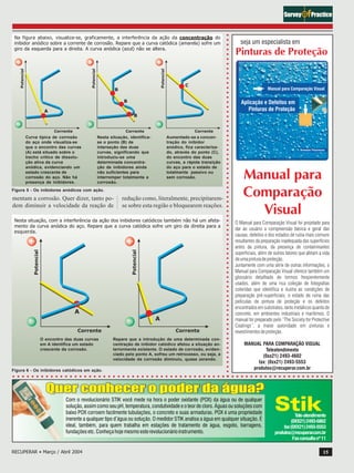 Na figura abaixo, visualiza-se, graficamente, a interferência da ação da concentração do 
inibidor anódico sobre a corrente de corrosão. Repare que a curva catódica (amarela) sofre um 
giro da esquerda para a direita. A curva anódica (azul) não se altera. 
Curva típica de corrosão 
do aço onde visualiza-se 
que o encontro das curvas 
(A) está situado sobre o 
trecho crítico de dissolu-ção 
ativa da curva 
anódica, evidenciando um 
estado crescente de 
corrosão do aço. Não há 
presença de inibidores. 
Nesta situação, identifica-se 
o ponto (B) de 
interseção das duas 
curvas, significando que 
introduziu-se uma 
determinada concentra-ção 
de inibidores ainda 
não suficientes para 
interromper totalmente a 
corrosão. 
Figura 5 - Os inibidores anódicos com ação. 
mentam a corrosão. Quer dizer, tanto po-dem 
diminuir a velocidade da reação de 
Aumentado-se a concen-tração 
do inibidor 
anódico, fica caracteriza-do, 
através do ponto (C), 
do encontro das duas 
curvas, a rápida transição 
do aço para o estado de 
totalmente passivo ou 
sem corrosão. 
redução como, literalmente, precipitarem-se 
sobre esta região e bloquearem reações. 
○ ○ ○ ○ ○ ○ ○ ○ ○ ○ ○ ○ ○ ○ ○ ○ ○ ○ ○ ○ ○ ○ ○ ○ ○ ○ ○ ○ ○ ○ ○ ○ ○ ○ ○ ○ ○ ○ ○ ○ ○ ○ ○ ○ ○ ○ ○ ○ ○ ○ ○ ○ ○ ○ ○ ○ ○ ○ ○ ○ ○ ○ ○ ○ ○ ○ ○ ○ ○ ○ ○ ○ ○ 
Nesta situação, com a interferência da ação dos inibidores catódicos também não há um afeta-mento 
da curva anódica do aço. Repare que a curva catódica sofre um giro da direita para a 
esquerda. 
O encontro das duas curvas 
em A identifica um estado 
crescente da corrosão. 
Figura 6 - Os inibidores catódicos em ação. 
Repare que a introdução de uma determinada con-centração 
de inibidor catódico afetou a situação an-teriormente 
existente. O estado de corrosão, eviden-ciado 
pelo ponto A, sofreu um retrocesso, ou seja, a 
velocidade da corrosão diminuiu, quase zerando. 
○ ○ ○ ○ ○ ○ ○ ○ ○ ○ ○ ○ ○ ○ ○ ○ ○ ○ ○ ○ ○ ○ ○ ○ ○ ○ ○ ○ ○ ○ ○ ○ ○ ○ ○ ○ ○ ○ ○ ○ ○ ○ ○ ○ ○ ○ ○ ○ ○ ○ ○ ○ ○ ○ ○ ○ ○ ○ ○ ○ ○ ○ ○ ○ ○ ○ ○ ○ 
Tele-atendimento 
(0XX21) 2493-6862 
fax (0XX21) 2493-5553 
produtos@recuperar.com.br 
Fax consulta nº 11 
RECUPERAR • Março / Abril 2004 15 
 