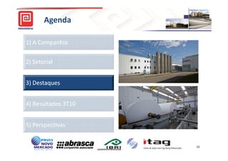 Agenda

1) A Companhia

2) Setorial


3) Destaques


4) Resultados 3T10


5) Perspectivas


                     15
 