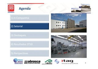 Agenda

1) A Companhia

2) Setorial


3) Destaques


4) Resultados 3T10


5) Perspectivas


                     9
 