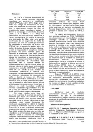 Velocidades       Torque pré       Torque pós
    Discussão                                                (º/s)            (Nm)             (Nm)
                                                              60               69               48
         O LCA é o principal estabilizador do                120              58,9             56,1
joelho e sua ruptura promove alterações                      240              56,4             60,1
musculares que aumentam a instabilidade                crescente      evolução    do    torque     flexor,
articular (ARAÚJO, A.D.S, 2003). Logo após a           principalmente da primeira para segunda coleta
lesão e/ou cirurgia de reconstrução do LCA,            no pós-operatório nas velocidades mais lentas,
ocorre uma hipotrofia do quadríceps, onde se           onde sugerimos um aumento na atividade dos
evita o deslocamento anterior da tíbia. O              flexores (isquiotibiais), como um mecanismo
fortalecimento dessa musculatura ajudará a             protetor de acordo com o estudo de TOTOLA,
diminuir a sobrecarga na articulação do joelho         2003.
(ZINNI, J. V. S; PUSSI, F. A., 2003). Em                        Em relação aos tratamentos, de acordo
concordância, FATARELLI (2003) sugere que é            com a revisão realizada por ZINNI; PUSSI 2003,
comum a presença de dor, edema e logo após             os autores relatam um mesmo objetivo, sendo as
uma diminuição da ADM, existi uma grande               diferenças somente na conduta aplicada,
possibilidade de um surgimento de atrofia do           variando de acordo com a idade, sexo e atividade
quadríceps, que pode ser causada por estímulos         exercida. Sendo assim cabe a cada fisioterapeuta
dos receptores da articulação. De acordo com           escolher a conduta a ser seguida desde que
TÓTOLA 2003, o aumento da posição flexora do           tenha um bom embasamento anátomo-patológico
joelho e diminuição do torque extensor, relaciona-     e consiga desta maneira atingir os objetivos
se com a incapacidade de atuação do músculo            propostos para cada paciente. ALMEIDA (2003)
quadríceps em níveis normais, perda de                 ressalta a importância de um tratamento aquático
segurança e estabilidade. Além disso, concluiu         na reabilitação desses pacientes, porém utiliza-se
que ocorre um aumento de duração da atividade          desse recurso apenas numa fase mais avançada
elétrica de isquiotibiais e gastrocnêmicos em          do tratamento com a finalidade de continuar o
relação à musculatura extensora do joelho. Essa        fortalecimento     muscular,    o     treinamento
atividade acentuada da musculatura dos                 proprioceptivo, iniciar o programa de corrida, o
isquiotibiais seria o principal restritor do           treinamento da agilidade e retornar ao esporte.
deslocamento anterior da tíbia durante a fase de       Para AYALA (2003), após a cirurgia, a
extensão máxima de joelho, sendo um importante         hidroterapia é uma forma efetiva de tratamento
mecanismo de proteção. MONTEIRO et al, 2003            nos estágios iniciais da imobilização, o calor e
relata em seu estudo o qual analisou os                apoio da água, ajudando a vencer a apreensão e
componentes cinemáticos e cinéticos nos                facilitando o movimento ativo.
movimentos de flexo-extensão concentricamente                   Segundo ARAÚJO et al. (2003), relata
em diferentes velocidades de movimento do              que os exercícios e técnicas proprioceptivas são
joelho e durante a marcha em diferentes                de importância fundamental devendo ser
inclinações de indivíduos com lesão do LCA, uma        obrigatórios. Corroborando com essa afirmação,
diminuição tanto do torque extensor quanto flexor,     através do conhecimento dos efeitos fisiológicos
com o aumento da velocidade angular. Afirma            da imersão em água, o meio aquático constitui
ainda que esse comportamento do torque flexor e        um excelente método de tratamento.
extensor no modo isocinético concêntrico
variando a velocidade angular obedece a lei de           Conclusão
Hill (1974) que preconiza um decréscimo do
torque com o aumento da velocidade angular.                    Concluímos      que      os    resultados
         Em nosso trabalho, como pôde ser              demonstraram melhora com o tratamento
observado no gráfico de extensão do joelho, no         hidroterápico    no    pré    e    pós-operatório,
tratamento pré, houve um aumento do torque             caracterizando um método eficaz para a melhora
extensor da primeira para segunda coleta na            acelerada da reabilitação de reconstrução do LCA
velocidade de 60°/s, porém, não aconteceu nas          no joelho da atleta.
velocidades mais rápidas (atividades de
resistência), o que comprova o déficit do músculo        Referências Bibliográficas
quadríceps e, confirmando o achado do estudo de
MONTEIRO et. al 2003, que relatou a diminuição         ALMEIDA, M. F. Lesão do ligamento cruzado
do torque com o aumento da velocidade angular.         anterior tratamento fisioterápico. Disponível
Esse déficit também foi observado em todas as          em: < http://www.mfafisioterapia.hpg.ig.com.br
velocidades na primeira coleta do pós-operatório,      >.Acesso em 24 set. 2003.
refletindo talvez o processo da intervenção
cirúrgica e o repouso solicitado pelo médico para
                                                       ARAÚJO, A. D. S.; MERLO, J. R. C.; MOREIRA,
retorno das atividades. Observa-se ainda a
                                                       C. Fisioterapia Brasil Volume 4 – numero3-
X Encontro Latino Americano de Iniciação Científica e                                                896
VI Encontro Latino Americano de Pós-Graduação – Universidade do Vale do Paraíba
 