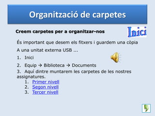 Organització de carpetes
Creem carpetes per a organitzar-nos

És important que desem els fitxers i guardem una còpia
A una unitat externa USB ...
1. Inici
2. Equip  Biblioteca  Documents
3. Aquí dintre muntarem les carpetes de les nostres
assignatures.
    1. Primer nivell
    2. Segon nivell
    3. Tercer nivell
 