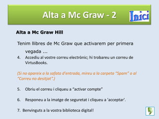Alta a Mc Graw - 2
Alta a Mc Graw Hill

Tenim llibres de Mc Graw que activarem per primera
     vegada ...
4.   Accediu al vostre correu electrònic; hi trobareu un correu de
     VirtusBooks.

(Si no apareix a la safata d'entrada, mireu a la carpeta “Spam” o al
“Correu no desitjat”.)

5.   Obriu el correu i cliqueu a “activar compte”

6.   Responeu a la imatge de seguretat i cliqueu a 'acceptar'.

7. Benvinguts a la vostra biblioteca digital!
 