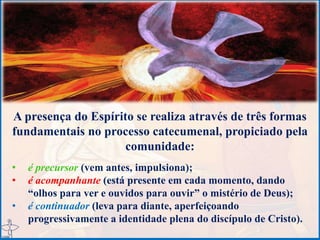 A presença do Espírito se realiza através de três formas
fundamentais no processo catecumenal, propiciado pela
comunidade:
• é precursor (vem antes, impulsiona);
• é acompanhante (está presente em cada momento, dando
“olhos para ver e ouvidos para ouvir” o mistério de Deus);
• é continuador (leva para diante, aperfeiçoando
progressivamente a identidade plena do discípulo de Cristo).
 