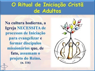 O Ritual de Iniciação Cristã
de Adultos
Na cultura hodierna, a
Igreja NECESSITA de
processos de Iniciação
para evangelizar e
formar discípulos
missionários que, de
fato, assumam o
projeto do Reino.
(n. 116)
 