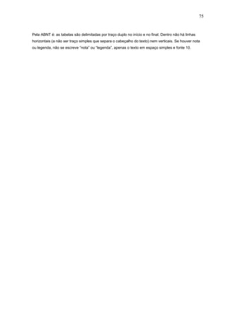 75



Pela ABNT é: as tabelas são delimitadas por traço duplo no início e no final. Dentro não há linhas
horizontais (a não ser traço simples que separa o cabeçalho do texto) nem verticais. Se houver nota
ou legenda, não se escreve “nota” ou “legenda”, apenas o texto em espaço simples e fonte 10.
 