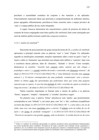 123
percebem a neutralidade cromática do conjunto e dos materiais a ele aplicados.
Funcionalmente expressam ideias que priorizam a compartimentação de ambientes internos,
pouco agregados; diferentemente, percebem-se fortes conexões entre o espaço privativo da
‘casa’ e o espaço público da rua, muito integrados.
A seguir, busca-se demonstrar tais características a partir do processo de leitura do
conjunto de textos congregados num único gráfico (de similitude), bem como esmiuçados por
meio de análises gráfico-textuais a partir das categorias temáticas.
5.2.4.1. Análise de similitude76
Decorrente do processamento do grupo textual da turma da UL, a análise de similitude
apresentou a principal conexão entre as palavras ‘casa’ e ‘estar’ (Figura 11), indicando,
segundo as ramificações constatadas, menções importantes sobre o meio no qual a “casa” se
insere e sobre os ‘elementos’ que articulam essa relação entre edifício e ‘contexto’, haja vista
a ocorrência dessas palavras, além de ‘elemento’, ‘fachada’ e ‘árvore’. Como exemplo,
destacam-se os excertos: “inserido num contexto calmo, natural, que não choque e
prejudique o meio (...), estando também decorado e construído com elementos naturais”, da
aluna Li-2014.2/n°27/F-17/A2-C3-(Dc3/Dm2)=08, e “uma habitação inserida num contexto
natural (...). O interior contemporâneo faz uma profunda ‘comunicação’ com o exterior.
Ambos os limites estão tão aproximados que poderíamos dizer que existe uma pequena
espessura que os separa. A casa tem uma fachada de vidro, revestida em capoto se estende ao
longo do terreno”, do aluno Li-2014.2/n°15/M-35/A1-C2-(Dc3/Dm3)=06.
Outras conexões importantes se fizeram entre o núcleo do gráfico e as palavras
‘forma’, ‘pequeno’, ‘simples’, ‘sala/parede’, e ‘cozinha’; descritas a seguir:
No primeiro caso, a palavra ‘forma’ articulou-se com ‘janela’, que posteriormente
correspondeu-se com “telhado” e, em maior grau, com ‘luz’ e ‘dia’, conforme exemplificam
os textos das alunas: Li-2014.2/n°21/F-18/A1-C1-(Dc2/Dm1)=04 “(...) tetos altos e em vez de
sótão, uma cave com umas janelinhas para o exterior. O telhado seria em telhas de cor de
tijolo e em forma de pirâmide retangular” e Li-2014.2/n°23/F-18/A1-C2-(Dc2/Dm3)=06
“Deverá ter um quarto com grandes janelas, onde eu dormirei. A cozinha deverá ser de cores
76
Todas as 4 análises de similitude apresentadas no capítulo sucederam outros procedimentos fundamentados
nos textos produzidos pelos estudantes. Procedeu-se de modo a permitir uma avaliação inicial, quantitativa e
qualitativa, de: (i) vocábulos mais frequentes (nuvem de palavras) conjunta e comparativamente; e (ii) palavras
que mais se correlacionaram dentro do grupo (análise de similitude) vistas conjuntamente (cf. Apêndice H5).
 
