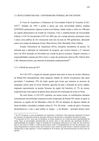 129
5.3. RESULTADOS INICIAIS - UNIVERSIDADE FEDERAL DO TOCANTINS
O Curso de Arquitetura e Urbanismo da Universidade Federal do Tocantins (CAU-
UFT)77
, fundado em 1992 e gerido à época por uma universidade pública estadual
(UNITINS), praticamente originou-se junto com Palmas, cidade criada ex nihilo em 1990 para
ser capital administrativa do Estado do Tocantins. Com o estabelecimento da Universidade
Federal, o CAU foi incorporado à UFT em 2003 que, até o tempo presente, permanece como
o único curso público de AU circunscrito num raio de mais de 700 quilômetros, abarcando
outros seis estados da federação (Goiás, Mato Grosso, Pará, Maranhão, Piauí e Bahia).
Estudos Elementares de Arquitetura (EEA), disciplina introdutória de projeto, foi
utilizada para a aplicação do instrumento de pesquisa, que ocorreu durante o 2° semestre
letivo de 2014 (iniciado em Novembro em virtude de greves recentes). Naquele semestre, a
responsabilidade conjunta por EEA esteve a cargo das professoras efetivas Dra. Patrícia Reis
e Me. Marianna Gomes, que atuavam na disciplina temporariamente78
.
5.3.1. O Perfil da turma da UFT
No CAU-UFT a origem do alunado apontou tanto para as áreas de recente influência
de Palmas/TO, principalmente sobre pequenas cidades do interior tocantinense (das quais
provinham 7 estudantes; 25% do total), quanto para locais que remetem ao processo de
emigração sulista rumo às novas fronteiras agrícolas do país e formação de novas cidades,
originado especialmente na porção Noroeste da região Sul brasileira (2; 7% da turma),
responsável por uma espécie de gênese desse processo de colonização de terras ao Norte.
De certa forma, o CAU-UFT exprimiu, em menor escala, as contribuições humanas
extremamente diversificadas responsáveis pela composição da Palmas/TO, dentre as quais se
destacam: as regiões Sul do Maranhão e Pará (8; 29% do alunado); de algumas cidades do
Oeste da Bahia, vinculadas à tradição sulista (2; 7%). De Goiás – estado do qual o Tocantins
desmembrou-se e com o qual melhor se integra – e de Brasília – principal destino aéreo
77
Na UFT há apenas o curso de graduação em Arquitetura e Urbanismo. Nele ingressam atualmente 25 alunos
por semestre, havendo duas turmas de até quinze alunos por docente para as disciplinas de prática de atelier.
78
Comumente na UFT, nesse tipo de disciplina, as turmas fundem-se em virtude da pouca disponibilidade de
espaço físico na universidade, permanecendo em mesma classe os dois docentes que igualmente dividem a
responsabilidade dos trabalhos. Todas as atividades de investigação realizaram-se ao longo dos dois primeiros
dias de aula (entre às 8:00h e 11:40h de quarta-feira), tendo o acompanhamento de uma das professoras, que
cedeu integralmente os horários desses dois encontros com o intuito de poder utilizar o material coletado como
subsídio para as aulas seguintes. A turma compunha-se de 28 alunos, que estiveram presentes nas duas aulas em
questão.
 