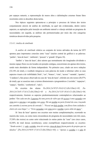 136
por espaços naturais, a representação de muros altos e delimitações externas foram fatos
recorrentes entre os desenhos desta turma.
Nos tópicos seguintes apresenta-se a princípio o processo de leitura dos textos
conjuntamente através de análise de similitude, na qual são evidenciadas, dentre outros
aspectos, as aspirações pela inserção em ambiente natural e o desejo atrelado ao programa de
necessidades; em seguida, as análises são pormenorizadas por meio das oito categorias
temáticas desenvolvidas pela pesquisa.
5.3.4.1. Análise de similitude
A análise de similitude relativa ao conjunto de textos advindos da turma da UFT
apontou para importantes conexões entre “casa” (núcleo central do gráfico) e as palavras:
‘jardim’, ‘área de lazer’, ‘ambiente’, ‘possuir’ e ‘grande’ (Figura 18).
‘Jardim’ e ‘área de lazer’, dois setores que normalmente são imaginados dividindo o
mesmo espaço físico ou em locados em posição contígua, coocorreram em apenas dois textos,
sendo mais abordados de forma independente. No primeiro caso, citado em nove redações
(32,14% do total), o vocábulo integrou-se com palavras de modo a informar sobre os seus
aspectos visuais e de visibilidade (‘belo’, ‘cor’, ‘branco’, ‘vista’, ‘acesso’ ‘varanda’, ‘quartos’,
‘2 andares’), fato pouco observado no caso de ‘área de lazer’, referido em oito textos (28,57%
do total), que se associou mais a termos dimensionais e programáticos (‘cozinha’, ‘espaçoso’,
‘espaço’, ‘família’, ‘confortável’, ‘sala’).
Os excertos das alunas Pa-2014.2/n°07/F-19/A2-C2-(Dc1/Dm1)=05, Pa-
2014.2/n°24/F-17/A1-C2-(Dc2/Dm2)=05 e Pa-2014.2/n°11/F-18/A1-C1-(Dc2/Dm1)=04,
respectivamente, ilustram os aspectos predominantemente contemplativos relacionados ao
jardim: “Em cada um dos 3 quartos há uma porta de vidro que dá acesso à uma varanda com
vista para a piscina e um jardim com cores. Há um jardim na parte frontal da casa, traçando
um caminho à enorme porta de entrada”; “Possui um belo jardim, com flores bem cuidadas e
cheiro de casa limpa”; e “Teria varandas com vista para o jardim e para além do muro”.
Já ‘área de lazer’ aparece nos excertos sem muitas complementações, ocorrendo na
maioria das vezes, ou como mera circunstância do programa de necessidades (em três casos,
37,50% dos textos) ou como setor relacionado às outras partes da “casa” (em cinco casos,
62,50% do total dessas ocorrências), como exemplificam respectivamente os excertos:
“Sendo assim (...), sala, cozinha, área de serviço, área de lazer fazem parte do projeto que eu
idealizo” [Pa-2014.2/n°05/F-17/A1-C2-(Dc2/Dm2)=05]; e “Apenas a cozinha e a sala de
 