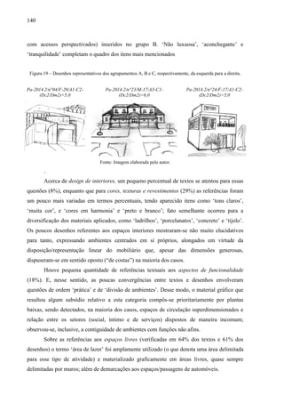 140
com acessos perspectivados) inseridos no grupo B. ‘Não luxuosa’, ‘aconchegante’ e
‘tranquilidade’ completam o quadro dos itens mais mencionados
Figura 19 – Desenhos representativos dos agrupamentos A, B e C, respectivamente, da esquerda para a direita.
Pa-2014.2/n°04/F-20/A1-C2-
(Dc2/Dm2)=5,0
Pa-2014.2/n°23/M-17/A3-C1-
(Dc2/Dm2)=6,0
Pa-2014.2/n°24/F-17/A1-C2-
(Dc2/Dm2)=5,0
Fonte: Imagem elaborada pelo autor.
.
Acerca de design de interiores, um pequeno percentual de textos se atentou para essas
questões (8%), enquanto que para cores, texturas e revestimentos (29%) as referências foram
um pouco mais variadas em termos percentuais, tendo aparecido itens como ‘tons claros’,
‘muita cor’, e ‘cores em harmonia’ e ‘preto e branco’; fato semelhante ocorreu para a
diversificação dos materiais aplicados, como ‘ladrilhos’, ‘porcelanatos’, ‘concreto’ e ‘tijolo’.
Os poucos desenhos referentes aos espaços interiores mostraram-se não muito elucidativos
para tanto, expressando ambientes centrados em si próprios, alongados em virtude da
disposição/representação linear do mobiliário que, apesar das dimensões generosas,
dispuseram-se em sentido oposto (“de costas”) na maioria dos casos.
Houve pequena quantidade de referências textuais aos aspectos de funcionalidade
(18%). E, nesse sentido, as poucas convergências entre textos e desenhos envolveram
questões de ordem ‘prática’ e de ‘divisão de ambientes’. Desse modo, o material gráfico que
resultou algum subsídio relativo a esta categoria compôs-se prioritariamente por plantas
baixas, sendo detectados, na maioria dos casos, espaços de circulação superdimensionados e
relação entre os setores (social, íntimo e de serviços) dispostos de maneira incomum;
observou-se, inclusive, a contiguidade de ambientes com funções não afins.
Sobre as referências aos espaços livres (verificadas em 64% dos textos e 61% dos
desenhos) o termo ‘área de lazer’ foi amplamente utilizado (o que denota uma área delimitada
para esse tipo de atividade) e materializado graficamente em áreas livres, quase sempre
delimitadas por muros; além de demarcações aos espaços/passagens de automóveis.
 