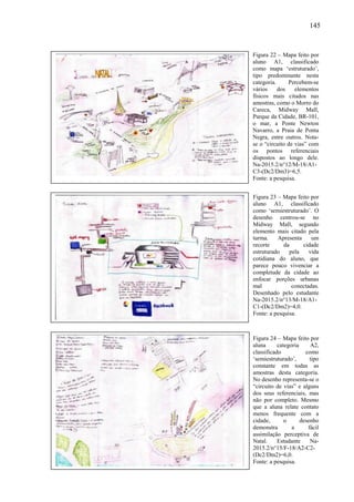 145
Figura 22 – Mapa feito por
aluno A1, classificado
como mapa ‘estruturado’,
tipo predominante nesta
categoria. Percebem-se
vários dos elementos
físicos mais citados nas
amostras, como o Morro do
Careca, Midway Mall,
Parque da Cidade, BR-101,
o mar, a Ponte Newton
Navarro, a Praia de Ponta
Negra, entre outros. Nota-
se o “circuito de vias” com
os pontos referenciais
dispostos ao longo dele.
Na-2015.2/n°12/M-18/A1-
C3-(Dc2/Dm3)=6,5.
Fonte: a pesquisa.
Figura 23 – Mapa feito por
aluno A1, classificado
como ‘semiestruturado’. O
desenho centrou-se no
Midway Mall, segundo
elemento mais citado pela
turma. Apresenta um
recorte da cidade
estruturado pela vida
cotidiana do aluno, que
parece pouco vivenciar a
completude da cidade ao
enfocar porções urbanas
mal conectadas.
Desenhado pelo estudante
Na-2015.2/n°13/M-18/A1-
C1-(Dc2/Dm2)=4,0.
Fonte: a pesquisa.
Figura 24 – Mapa feito por
aluna categoria A2,
classificado como
‘semiestruturado’, tipo
constante em todas as
amostras desta categoria.
No desenho representa-se o
“circuito de vias” e alguns
dos seus referenciais, mas
não por completo. Mesmo
que a aluna relate contato
menos frequente com a
cidade, o desenho
demonstra a fácil
assimilação perceptiva de
Natal. Estudante Na-
2015.2/n°15/F-18/A2-C2-
(Dc2/Dm2)=6,0.
Fonte: a pesquisa.
 
