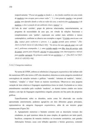 150
respectivamente: “Possui um jardim no fundo (...). Aos fundos também tem uma tenda
de madeira com escapas para armar redes”; “(...) tem grandes janelas e um grande
jardim, tem alpendre dando a volta ao redor da casa; a maioria dos acabamentos é de
madeira, e ela é a junção de um ambiente clean e rústico”; e
(ii) ‘sala de estar/ cozinha’, grupo de palavras relacionadas, maioritariamente, ao
programa de necessidades da casa que, em virtude de relações funcionais e
complementares com ‘jardim’, expressam seu caráter mais utilitário e menos
contemplativo, conforme se observa nos exemplos a seguir: “Cozinha americana com
ilha, espaço para cachorros e porcos, (...), jardim grande para animais.” [Na-
2015.1/n°03/F-16/A1-C2-(Dc2/Dm2)=05]; “No térreo há uma sala de estar com sofá
em L, poltronas estampadas, (...), uma cozinha ampla com ilha, área de serviço, sala
de jantar, quarto para hóspede, piscina na área externa com churrasqueira e móveis
para jardim; garagem. No primeiro andar há um escritório (...).” [Na-2015.1/n°26/F-
18/A1-C1-(D2/D2)=04].
5.4.4.2. Categorias temáticas
Na turma da UFRN, embora as referências à linguagem arquitetônica não tenham sido
tão numerosas (60% dos textos e 68% dos desenhos), detectou-se nesta categoria considerável
convergência de menções textuais e gráficas: ‘varanda’, ‘estrutura de madeira’, ‘rústica’,
‘moderna’, ‘simples’ e ‘clean’ foram as maiores recorrências. Observou-se uma pequena
variação de itens relativos à linguagem arquitetônica (treze no total). Excluindo-se os vários
entendimentos suscitados pelo vocábulo ‘moderno’, os demais termos citados nos textos
aludem a um tipo de linguagem arquitetônica singular, presente em boa parte das propostas
gráficas.
Especificamente sobre os desenhos, assim como foi observado nas escolas
apresentadas anteriormente, podemos agrupá-los em dois diferentes grupos principais,
representativos da categoria linguagem arquitetônica, além de um terceiro grupo
remanescente (Figura 26):
A: Agrupamento numeroso e bastante coerente com as descrições textuais dos
estudantes, no qual reunimos ideias de casas simples, de aparência um tanto pueril,
bucólicas, compostas de maneira simétrica ou levemente assimétrica, sem grandes
elaborações formais; casas com telhados aparentes e beirais generosos, contendo
 