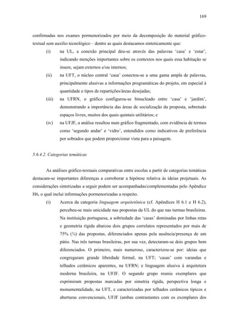 169
confirmadas nos exames pormenorizados por meio da decomposição do material gráfico-
textual sem auxílio tecnológico – dentre as quais destacamos sinteticamente que:
(i) na UL, a conexão principal deu-se através das palavras ‘casa’ e ‘estar’,
indicando menções importantes sobre os contextos nos quais essa habitação se
insere, sejam externos e/ou internos;
(ii) na UFT, o núcleo central ‘casa’ conectou-se a uma gama ampla de palavras,
principalmente alusivas a informações programáticas do projeto, em especial à
quantidade e tipos de repartições/áreas desejadas;
(iii) na UFRN, o gráfico configurou-se binucleado entre ‘casa’ e ‘jardim’,
demonstrando a importância das áreas de socialização da proposta, sobretudo
espaços livres, muitos dos quais quintais utilitários; e
(iv) na UFJF, a análise resultou num gráfico fragmentado, com evidência de termos
como ‘segundo andar’ e ‘vidro’, entendidos como indicativos de preferência
por sobrados que podem proporcionar vista para a paisagem.
5.6.4.2. Categorias temáticas
As análises gráfico-textuais comparativas entre escolas a partir de categorias temáticas
destacam-se importantes diferenças a corroborar a hipótese relativa às ideias projetuais. As
considerações sintetizadas a seguir podem ser acompanhadas/complementadas pelo Apêndice
H6, o qual inclui informações pormenorizadas a respeito.
(i) Acerca da categoria linguagem arquitetônica (cf. Apêndices H 6.1 e H 6.2),
percebeu-se mais unicidade nas propostas da UL do que nas turmas brasileiras.
Na instituição portuguesa, a sobriedade das ‘casas’ dominadas por linhas retas
e geometria rígida abarcou dois grupos correlatos representados por mais de
75% (¾) das propostas, diferenciados apenas pela ausência/presença de um
pátio. Nas três turmas brasileiras, por sua vez, detectaram-se dois grupos bem
diferenciados. O primeiro, mais numeroso, caracterizou-se por: ideias que
congregaram grande liberdade formal, na UFT; ‘casas’ com varandas e
telhados cerâmicos aparentes, na UFRN; e linguagem alusiva à arquitetura
moderna brasileira, na UFJF. O segundo grupo reuniu exemplares que
exprimiram propostas marcadas por simetria rígida, perspectiva longa e
monumentalidade, na UFT, e caracterizadas por telhados cerâmicos típicos e
aberturas convencionais, UFJF (ambas contrastantes com os exemplares dos
 