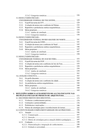 5.2.4.2 Categorias temáticas...............................................................
5.3.RESULTADOS INICIAIS -
UNIVERSIDADE FEDERAL DO TOCANTINS............................................
5.3.1. O perfil da turma da UFT.....................................................................
5.3.2. A relação da turma com o ambiente de Palmas...................................
5.3.3. Repertório e preferências estético-arquitetônicas................................
5.3.4. Ideias projetuais...................................................................................
5.3.4.1 Análise de similitude...............................................................
5.3.4.2 Categorias temáticas...............................................................
5.4.RESULTADOS INICIAIS -
UNIVERSIDADE FEDERAL DO RIO GRANDE DO NORTE.....................
5.4.1. O perfil da turma da UFRN..................................................................
5.4.2. A relação da turma com o ambiente de Natal......................................
5.4.3. Repertório e preferências estético-arquitetônicas................................
5.4.4. Ideias projetuais...................................................................................
5.4.4.1 Análise de similitude...............................................................
5.4.4.2 Categorias temáticas...............................................................
5.5.RESULTADOS INICIAIS -
UNIVERSIDADE FEDERAL DE JUIZ DE FORA.........................................
5.5.1. O perfil da turma da UFJF...................................................................
5.5.2. A relação da turma com o ambiente de Juiz de Fora...........................
5.5.3. Repertório e preferências estético-arquitetônicas................................
5.5.4. Ideias projetuais...................................................................................
5.5.4.1 Análise de similitude...............................................................
5.5.4.2 Categorias temáticas...............................................................
5.6.ANÁLISE CONJUNTA....................................................................................
5.6.1. Os perfis discentes................................................................................
5.6.2. A relação da turma com o ambiente da cidade....................................
5.6.3. As preferências estético-arquitetônicas................................................
5.6.4. Ideias projetuais...................................................................................
5.6.4.1 Análise de similitude...............................................................
5.6.4.2 Categorias temáticas...............................................................
6. REFLEXÕES SOBRE O ACOLHIMENTO DO ALUNO INICIANTE NAS
DICIPLINAS INICIAIS DE PROJETO DE ARQUITETURA........................
6.1.RECONHECIMENTO DOS DISCENTES......................................................
6.1.1. Vivências e conhecimentos prévios.....................................................
6.1.2. Limitações e potencialidades...............................................................
6.1.3. Preferências e motivações....................................................................
6.1.4. Síntese de estratégias para o reconhecimento de turmas.....................
6.2.CONTUNUIDADE/COMPLEMENTARIDADE DO/AO PROCESSO.........
6.2.1. Atuação ...............................................................................................
6.2.1.1. Comunicação.................................................................................
6.2.1.2. Inserção.........................................................................................
6.2.1.3. Síntese de estratégias para a atuação didático-pedagógica.........
6.2.2. Condução..............................................................................................
6.2.2.1. Potencialização e integração de conhecimentos..........................
6.2.2.2. Estímulo à curiosidade..................................................................
126
129
129
132
134
135
136
138
141
141
143
146
147
147
150
153
153
155
158
159
159
161
163
164
165
166
168
168
169
171
173
174
178
180
185
186
186
187
193
197
198
198
203
 