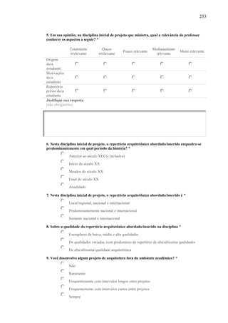 233
5. Em sua opinião, na disciplina inicial de projeto que ministra, qual a relevância do professor
conhecer os aspectos a seguir? *
Totalmente
irrelevante
Quase
irrelevante
Pouco relevante
Medianamente
relevante
Muito relevante
Origem
do/a
estudante
Motivações
do/a
estudante
Repertório
prévio do/a
estudante
Justifique sua resposta
(não obrigatório)
6. Nesta disciplina inicial de projeto, o repertório arquitetônico abordado/inserido enquadra-se
predominantemente em qual período da história? *
Anterior ao século XIX (e inclusive)
Início do século XX
Meados do século XX
Final do século XX
Atualidade
7. Nesta disciplina inicial de projeto, o repertório arquitetônico abordado/inserido é *
Local/regional, nacional e internacional
Predominantemente nacional e internacional
Somente nacional e internacional
8. Sobre a qualidade do repertório arquitetônico abordado/inserido na disciplina *
Exemplares de baixa, média e alta qualidades
De qualidades variadas, com predomínio de repertório de alta/altíssima qualidades
De alta/altíssima qualidade arquitetônica
9. Você desenvolve algum projeto de arquitetura fora do ambiente acadêmico? *
Não
Raramente
Frequentemente com intervalos longos entre projetos
Frequentemente com intervalos curtos entre projetos
Sempre
 