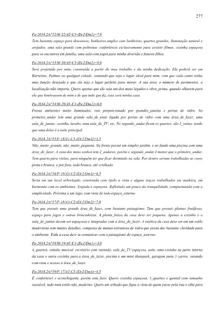 277
Pa-2014.2/n°12/M-22/A2-C3-(Dc2/Dm2)=7,0
Tem bastante espaço para descansos, banheiros amplos com banheiras, quartos grandes, iluminação natural e
arejados, uma sala grande com poltronas confortáveis exclusivamente para assistir filmes, cozinha espaçosa
para os encontros em família, uma sala com jogos para minha diversão e futuros filhos.
Pa-2014.2/n°13/M-20/A3-C3-(Dc2/Dm2)=8,0
Será projetada por mim, construída a partir do meu trabalho e da minha dedicação. Ela poderá ser em
Barreiras, Palmas ou qualquer cidade, contando que seja o lugar ideal para mim, com que cada canto tenha
uma função desejada e que ela seja o lugar perfeito para morar. A sua área, o número de pavimentos, a
localização não importa. Quero apenas que ela seja um dos meus legados e obra_prima, quando olharem para
ela que lembrassem de mim e de que tudo que fiz, essa será minha casa.
Pa-2014.2/n°14/M-20/A1-C3-(Dc2/Dm2)=6,0
Possui ambientes muito iluminados, isso proporcionado por grandes_janelas e portas de vidro. No
primeiro_andar tem uma grande sala_de_estar ligada por portas de vidro com uma área_de_lazer, uma
sala_de_jantar, cozinha, lavabo, uma sala_de_TV, etc. No segundo_andar ficam os quartos, são 3_suítes, sendo
que uma delas é a suíte principal.
Pa-2014.2/n°15/F-18/A1-C1-(Dc2/Dm1)=3,5
Não_muito_grande, não_muito_pequena. Na frente possui um simples jardim, e no fundo uma piscina com uma
área_de_lazer. A casa dos meus sonhos tem 2_andares, porém o segundo_andar é menor que o primeiro_andar.
Tem quarto para visitas, para ninguém ter que ficar dormindo na sala. Por dentro seriam trabalhadas as cores
preta e branca, e por fora, toda branca, até o telhado.
Pa-2014.2/n°16/F-19/A3-C2-(Dc2/Dm1)=6,5
Seria em um local arborizado, construída com tijolo a vista e alguns traços trabalhados em madeira, em
harmonia com os ambientes. Arejada e espaçosa. Refletindo um pouco da tranquilidade, compactuando com a
simplicidade. Próxima a um lago, com vista de todo espaço_externo.
Pa-2014.2/n°17/F-18/A3-C2-(Dc2/Dm2)=7,0
Tem que possuir uma grande área_de_lazer, com bastante paisagismo. Tem que possuir plantas frutíferas,
espaço para jogos e outras brincadeiras. A planta_baixa da casa deve ser pequena. Apenas a cozinha e a
sala_de_jantar devem ser espaçosas e integradas com a área_de_lazer. A estética da casa deve ser em um estilo
modernista sem muitos detalhes, composta de muitas estruturas de vidro que possa dar bastante claridade para
o ambiente. Toda a casa deve se comunicar com o paisagismo do espaço_externo.
Pa-2014.2/n°18/M-19/A1-C1-(Dc1/Dm1)=3,0
4_quartos, estúdio musical, escritório com varanda, sala_de_TV espaçosa, suíte, uma cozinha na parte interna
da casa e outra cozinha para a área_de_lazer, piscina e um mini skatepark, garagem para 3 carros, varanda
com vista e acesso à área_de_lazer.
Pa-2014.2/n°19/F-17/A2-C1-(Dc2/Dm1)=4,5
É confortável e aconchegante, porém sem_luxo. Quero cozinha espaçosa, 3_quartos e quintal com tamanho
razoável, tudo num estilo não_moderno. Quero um telhado que fique a vista de quem passe pela rua e olhe para
 