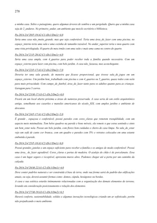 278
a minha casa. Sobre o paisagismo, quero algumas árvores de sombra e um pergolado. Quero que a minha casa
seja de 2_andares. No primeiro_andar, um ambiente que mescle escritório e biblioteca.
Pa-2014.2/n°20/F-19/A2-C1-(Dc1/Dm1)=4,0
Seria uma casa não_muito_grande, mas que seja confortável. Teria uma área_de_lazer com uma piscina, no
espaço_interno teria uma sala e uma cozinha de tamanho razoável. No andar_superior teria o meu quarto com
uma vista privilegiada. O quarto do meu irmão com uma suíte e mais uma cama no centro do quarto.
Pa-2014.2/n°21/F-20/A2-C1-(Dc1/Dm1)=4,0
Seria uma casa ampla, com 4_quartos para poder receber toda a família quando necessário. Com um
espaço_externo para lazer com piscina, com belo jardim. A casa não_luxuosa, mas aconchegante.
Pa-2014.2/n°22/F-17/A3-C2-(Dc2/Dm2)=7,0
Deveria ter uma sala grande, de maneira que ficasse proporcional, que tivesse sala_de_jogos em um
espaço_externo. Um jardim bem_trabalhado com piscina e com 4_quartos ou 5_quartos, quase todos com suíte
para mais privacidade. Com campo_de_futebol, área_de_lazer tanto para os adultos quanto para as crianças.
Garagem para 5 carros.
Pa-2014.2/n°23/M-17/A3-C1-(Dc2/Dm2)=6,0
Ficará em um local aberto próxima a áreas de natureza preservada. A casa seria de um estilo arquitetônico
antigo, semelhante aos casarões e mansões americanos do século_XIX, com amplos jardins e ambiente de
descanso.
Pa-2014.2/n°24/F-17/A1-C2-(Dc2/Dm2)=5,0
É grande , espaçosa e confortável, possui paredes com cores_claras que remetem tranqüilidade, com um
aspecto meio minimalista. Tem belos quadros na parede e bons móveis, ela remete o que estou sentindo e sinto
um bem_estar nela. Possui um belo jardim, com flores bem cuidadas e cheiro de casa limpa. Na sala_de_estar
vejo um sofá de canto cor branca, com um quadro e paredes com TVs e retratos colocados em uma estante
embutida à parede.
Pa-2014.2/n°25/F-18/A3-C2-(Dc1/Dm1)=6,0
Possui grandes_janelas e um espaço suficiente para receber a família e os amigos de modo confortável. Possui
uma área_ de_lazer agradável. Cores_claras e portas de madeira. O azulejo do chão é de porcelanato. Essa
casa é um lugar seguro e receptível, apresenta muros altos. Podemos chegar até a porta por um caminho da
calçada.
Pa-2014.2/n°26/M-22/A1-C2-(Dc1/Dm1)=4,0
Deve conter padrões naturais e ser construída à base de terra, onde sua forma sairá do padrão das edificações
atuais, ou seja, deverá assumir formas como: domos, cúpula, hexágonos ou bordas.
A casa e sua estética estarão intimamente relacionadas com a organização dos demais elementos do terreno,
levando em consideração posicionamento e relação dos elementos.
Pa-2014.2/n°27/M-19/A3-C1-(Dc3/Dm2)=6,5
Haverá conforto, sustentabilidade, solidez e algumas inovações tecnológicas criando um ar sofisticado, porém
não prejudicando o meio ambiente.
 
