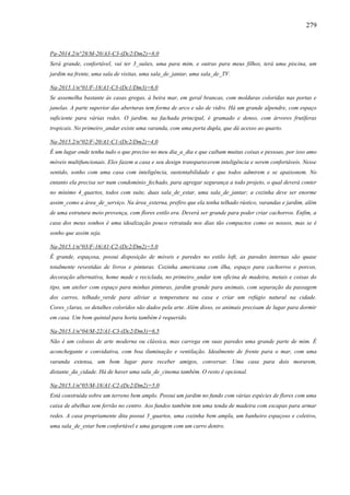279
Pa-2014.2/n°28/M-20/A3-C3-(Dc2/Dm2)=8,0
Será grande, confortável, vai ter 3_suítes, uma para mim, e outras para meus filhos, terá uma piscina, um
jardim na frente, uma sala de visitas, uma sala_de_jantar, uma sala_de_TV.
Na-2015.1/n°01/F-18/A1-C3-(Dc1/Dm3)=6,0
Se assemelha bastante às casas gregas, à beira mar, em geral brancas, com molduras coloridas nas portas e
janelas. A parte superior das aberturas tem forma de arco e são de vidro. Há um grande alpendre, com espaço
suficiente para várias redes. O jardim, na fachada principal, é gramado e denso, com árvores frutíferas
tropicais. No primeiro_andar existe uma varanda, com uma porta dupla, que dá acesso ao quarto.
Na-2015.2/n°02/F-20/A1-C1-(Dc2/Dm2)=4,0
É um lugar onde tenha tudo o que preciso no meu dia_a_dia e que caibam muitas coisas e pessoas, por isso amo
móveis multifuncionais. Eles fazem a casa e seu design transparecerem inteligência e serem confortáveis. Nesse
sentido, sonho com uma casa com inteligência, sustentabilidade e que todos admirem e se apaixonem. No
entanto ela precisa ser num condomínio_fechado, para agregar segurança a todo projeto, o qual deverá conter
no mínimo 4_quartos, todos com suíte, duas sala_de_estar, uma sala_de_jantar; a cozinha deve ser enorme
assim_como a área_de_serviço. Na área_externa, prefiro que ela tenha telhado rústico, varandas e jardim, além
de uma estrutura meio provença, com flores estilo era. Deverá ser grande para poder criar cachorros. Enfim, a
casa dos meus sonhos é uma idealização pouco retratada nos dias tão compactos como os nossos, mas se é
sonho que assim seja.
Na-2015.1/n°03/F-16/A1-C2-(Dc2/Dm2)=5,0
É grande, espaçosa, possui disposição de móveis e paredes no estilo loft, as paredes internas são quase
totalmente revestidas de livros e pinturas. Cozinha americana com ilha, espaço para cachorros e porcos,
decoração alternativa, home made e reciclada, no primeiro_andar tem oficina de madeira, metais e coisas do
tipo, um atelier com espaço para minhas pinturas, jardim grande para animais, com separação da passagem
dos carros, telhado_verde para aliviar a temperatura na casa e criar um refúgio natural na cidade.
Cores_claras, os detalhes coloridos são dados pela arte. Além disso, os animais precisam de lugar para dormir
em casa. Um bom quintal para horta também é requerido.
Na-2015.1/n°04/M-22/A1-C3-(Dc2/Dm3)=6,5
Não é um colosso de arte moderna ou clássica, mas carrega em suas paredes uma grande parte de mim. É
aconchegante e convidativa, com boa iluminação e ventilação. Idealmente de frente para o mar, com uma
varanda extensa, um bom lugar para receber amigos, conversar. Uma casa para dois morarem,
distante_da_cidade. Há de haver uma sala_de_cinema também. O resto é opcional.
Na-2015.1/n°05/M-18/A1-C2-(Dc2/Dm2)=5,0
Está construída sobre um terreno bem amplo. Possui um jardim no fundo com várias espécies de flores com uma
caixa de abelhas sem ferrão no centro. Aos fundos também tem uma tenda de madeira com escapas para armar
redes. A casa propriamente dita possui 3_quartos, uma cozinha bem ampla, um banheiro espaçoso e coletivo,
uma sala_de_estar bem confortável e uma garagem com um carro dentro.
 