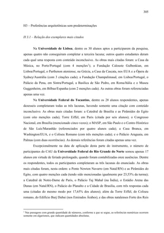 305
H3 – Preferências arquitetônicas sem predeterminações
H 3.1 – Relação dos exemplares mais citados
Na Universidade de Lisboa, dentre os 30 alunos aptos a participarem da pesquisa,
apenas quatro não conseguiram completar a terceira lacuna; outros quatro estudantes deram
cada qual uma resposta com conteúdo inconclusivo. As obras mais citadas foram: a Casa da
Música, no Porto/Portugal (com 4 menções1
); a Fundação Calouste Gulbenkian, em
Lisboa/Portugal, o Parthenon ateniense, na Grécia, a Casa da Cascata, nos EUA e a Ópera de
Sydney/Austrália (com 3 citações cada); a Fundação Champalimaud, em Lisboa/Portugal, o
Palácio da Pena, em Sintra/Portugal, a Basílica de São Pedro, em Roma/Itália e o Museu
Guggenheim, em Bilbao/Espanha (com 2 menções cada). As outras obras foram referenciadas
apenas uma vez.
Na Universidade Federal do Tocantins, dentre os 28 alunos respondentes, apenas
dezesseis completaram todas as três lacunas, havendo somente uma citação com conteúdo
inconclusivo. As obras mais citadas foram: a Catedral de Brasília e as Pirâmides do Egito
(com oito menções cada); Torre Eiffel, em Paris (citada por seis alunos); o Congresso
Nacional, em Brasília (mencionado cinco vezes); o MASP, em São Paulo e o Centro Histórico
de São Luís/Maranhão (referenciados por quatro alunos cada); a Casa Branca, em
Washington/EUA, e o Coliseu Romano (com três menções cada); e o Palácio Araguaia, em
Palmas (com duas ocorrências). As demais referências foram citadas apenas uma vez.
Excepcionalmente na data de aplicação desta parte do instrumento, o número de
participantes do CAU da Universidade Federal do Rio Grande do Norte somou apenas 17
alunos em virtude de feriado prolongado, quando foram contabilizadas onze ausências. Dentre
os respondentes, todos os participantes completaram as três lacunas do enunciado. As obras
mais citadas foram, nesta ordem: a Ponte Newton Navarro (em Natal/RN) e as Pirâmides do
Egito, com quatro menções cada (tendo sido mencionadas igualmente por 23,53% da turma);
a Catedral de Notre-Dame de Paris, o Palácio Taj Mahal (na Índia), o Estádio Arena das
Dunas (em Natal/RN), o Palácio do Planalto e a Cidade de Brasília, com três respostas cada
uma (citadas do mesmo modo por 17,65% dos alunos); além da Torre Eiffel, do Coliseu
romano, do Edifício Burj Dubai (nos Emirados Árabes), e das obras natalenses Forte dos Reis
1
Nas passagens com grande quantidade de números, conforme a que se segue, as referências numéricas ocorrem
somente em algarismos, que indicam quantidades absolutas.
 