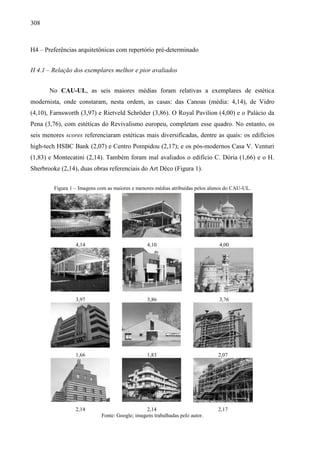 308
H4 – Preferências arquitetônicas com repertório pré-determinado
H 4.1 – Relação dos exemplares melhor e pior avaliados
No CAU-UL, as seis maiores médias foram relativas a exemplares de estética
modernista, onde constaram, nesta ordem, as casas: das Canoas (média: 4,14), de Vidro
(4,10), Farnsworth (3,97) e Rietveld Schröder (3,86). O Royal Pavilion (4,00) e o Palácio da
Pena (3,76), com estéticas do Revivalismo europeu, completam esse quadro. No entanto, os
seis menores scores referenciaram estéticas mais diversificadas, dentre as quais: os edifícios
high-tech HSBC Bank (2,07) e Centro Pompidou (2,17); e os pós-modernos Casa V. Venturi
(1,83) e Montecatini (2,14). Também foram mal avaliados o edifício C. Dória (1,66) e o H.
Sherbrooke (2,14), duas obras referenciais do Art Déco (Figura 1).
Figura 1 – Imagens com as maiores e menores médias atribuídas pelos alunos do CAU-UL.
4,14 4,10 4,00
3,97 3,86 3,76
1,66 1,83 2,07
2,14 2,14 2,17
Fonte: Google; imagens trabalhadas pelo autor.
 