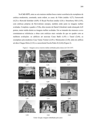 309
No CAU-UFT, entre as seis maiores médias houve maior ocorrência de exemplares de
estética modernista, constando, nesta ordem, as casas: de Vidro (média: 4,27), Farnsworth
(4,23) e Rietveld Schröder (4,09). O Royal Pavilion (média 4,36) e Strawberry Hill (3,95),
com estéticas próprias do Revivalismo europeu, também estão junto às imagens melhor
avaliadas. Completa o quadro a Villa, obra recente de Daniel Libeskind, tendo alcançado 4,45
pontos, maior média dentre as imagens melhor avaliadas. Em se tratando dos menores scores
constataram-se referências a obras com estéticas mais variadas do que no quadro com as
melhores avaliações: os edifícios art nouveau Casas Batló (1,95) e Tassel (2,64); os
exemplares pós-modernos Casa Vanna Venturi (2,45) e Montecatini (2,50); além do edifício
art déco Chagas Dória (2,32) e a neocolonial Escola Pedro II (2,64) (Figura 2).
Figura 2 – Imagens com as maiores médias atribuídas pelos alunos do CAU-UFT.
4,45 4,36 4,27
4,23 4,09 3,95
1,95 2,32 2,45
2,50 2,64 2,64
Fonte: Google; imagens trabalhadas pelo autor.
 