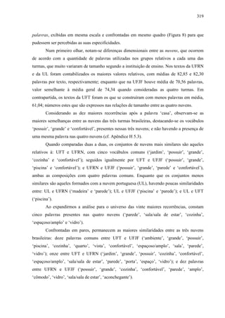 319
palavras, exibidas em mesma escala e confrontadas em mesmo quadro (Figura 8) para que
pudessem ser percebidas as suas especificidades.
Num primeiro olhar, notam-se diferenças dimensionais entre as nuvens, que ocorrem
de acordo com a quantidade de palavras utilizadas nos grupos relativos a cada uma das
turmas, que muito variaram de tamanho segundo a instituição de ensino. Nos textos da UFRN
e da UL foram contabilizados os maiores valores relativos, com médias de 82,85 e 82,30
palavras por texto, respectivamente; enquanto que na UFJF houve média de 70,56 palavras,
valor semelhante à média geral de 74,34 quando consideradas as quatro turmas. Em
contrapartida, os textos da UFT foram os que se construíram com menos palavras em média,
61,04; números estes que são expressos nas relações de tamanho entre as quatro nuvens.
Considerando as dez maiores recorrências após a palavra ‘casa’, observam-se as
maiores semelhanças entre as nuvens das três turmas brasileiras, destacando-se os vocábulos
‘possuir’, ‘grande’ e ‘confortável’, presentes nessas três nuvens; e não havendo a presença de
uma mesma palavra nas quatro nuvens (cf. Apêndice H 5.3).
Quando comparadas duas a duas, os conjuntos de nuvens mais similares são aqueles
relativos à: UFT e UFRN, com cinco vocábulos comuns (‘jardim’, ‘possuir’, ‘grande’,
‘cozinha’ e ‘confortável’); seguidos igualmente por UFT e UFJF (‘possuir’, ‘grande’,
‘piscina’ e ‘confortável’); e UFRN e UFJF (‘possuir’, ‘grande’, ‘parede’ e ‘confortável’),
ambas as composições com quatro palavras comuns. Enquanto que os conjuntos menos
similares são aqueles formados com a nuvem portuguesa (UL), havendo poucas similaridades
entre: UL e UFRN (‘madeira’ e ‘parede’); UL e UFJF (‘piscina’ e ‘parede’); e UL e UFT
(‘piscina’).
Ao expandirmos a análise para o universo das vinte maiores recorrências, constam
cinco palavras presentes nas quatro nuvens (‘parede’, ‘sala/sala de estar’, ‘cozinha’,
‘espaçoso/amplo’ e ‘vidro’).
Confrontadas em pares, permanecem as maiores similaridades entre as três nuvens
brasileiras: doze palavras comuns entre UFT e UFJF (‘ambiente’, ‘grande’, ‘possuir’,
‘piscina’, ‘cozinha’, ‘quarto’, ‘vista’, ‘confortável’, ‘espaçoso/amplo’, ‘sala’, ‘parede’,
‘vidro’); onze entre UFT e UFRN (‘jardim’, ‘grande’, ‘possuir’, ‘cozinha’, ‘confortável’,
‘espaçoso/amplo’, ‘sala/sala de estar’, ‘parede’, ‘porta’, ‘espaço’, ‘vidro’); e dez palavras
entre UFRN e UFJF (‘possuir’, ‘grande’, ‘cozinha’, ‘confortável’, ‘parede’, ‘amplo’,
‘cômodo’, ‘vidro’, ‘sala/sala de estar’, ‘aconchegante’).
 