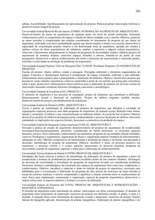 345
urbana. Acessibilidade. Aperfeiçoamento da representação de projetos. Prática projetual: intervenção (reforma) e
desenvolvimento integral de projeto.
Universidade Federal Rural do Rio de Janeiro (UFRRJ): INTRODUÇÃO AO PROJETO DE ARQUITETURA
Desenvolvimento de temas de arquiteturas de pequeno porte em nível de estudo preliminar, enfocando
conhecimentos sobre os componentes do espaço e relação do objeto estudado com o entorno. Objetiva: propiciar
ao aluno perceber a complexidade das relações consideradas no lançamento da proposta de um objeto de
arquitetura, enfocando com maior profundidade aquelas que dizem respeito à forma e ao conceito; desenvolver a
capacidade de conceituação própria, relativa a um determinado tema de arquitetura, apoiado em estudos e
análises críticas de obras arquitetônicas de referência; ampliar o repertório e adquirir cultura arquitetônica;
relacionar e dimensionar adequadamente as funções de programas de necessidades simples; elaborar projetos de
arquiteturas de temática simples; relacionar espaços fechados e abertos, tratando-os do ponto de vista
paisagístico; desenvolver e aplicar conhecimentos dos meios e processos de representação e expressão gráfica;
estimular a criatividade na resolução de problemas de arquiteturas.
Universidade Estadual Paulista “Júlio de Mesquita Filho” (UNESP, Presidente Prudente): FUNDAMENTOS DE
PROJETOS
Escalas do projeto: objeto, edifício, cidade e paisagem. Percepção ambiental e elementos organizadores do
espaço. Conceitos e metodologias relativas à configuração do espaço construído, edificado e não edificado.
Embasamento teórico-prático para o planejamento e construção do ambiente. Objetiva: desenvolver projetos que
possam ter como subsídio experiências coletivas construídas a partir de um método que prima pela consciência
sobre a ação; desenvolver embasamentos teórico-práticos para a elaboração de projetos em diversas escalas de
intervenção, buscando considerar diferentes abordagens conceituais e metodológica.
Universidade Estadual de Londrina (UEL): PROJETO 1
O elemento de arquitetura e seu processo de concepção: projeto de elementos que constituem a edificação.
Relacionamento formal e funcional do mobiliário. Projeto do edifício enquanto unidade mínima.
Desenvolvimento do projeto com detalhamento de arquitetura.
Universidade Federal do Paraná (UFPR): ARQUITETURA 1
Teoria e prática da metodologia de elaboração de projetos de arquitetura, que abordem a variedade de
organizações espaciais possíveis num dado programa de arquitetura, de pequena escala. Relações entre forma,
função e construção. O edifício e sua contextualização no ambiente urbano, na escala do lote ao bairro. Objetiva
desenvolver projetos de edifícios de pequeno porte, compreendendo o processo de projeto do edifício, bem como
entendendo as implicações dos aspectos formais, funcionais e construtivos na produção do espaço.
Universidade Federal da Integração Latino-americana (UNILA): ARQUITETURA 3
Iniciação à prática do projeto de arquitetura: desenvolvimento de projetos de arquiteturas de complexidade
tecnológica/funcional/programática elementar, considerando de forma preliminar, os principais aspectos
humanos, sociais e físico-ambientais condicionantes da arquitetura: programa de necessidades (função/utilidade),
variáveis fisiológicas e ergonômicas, organização de fluxos e organização espacial (modelos de funcionamento),
adequação ao sítio. Métodos compositivos de interpretação e produção do espaço e da forma; sua percepção e
descrição; metodologia de projetos de arquitetura. Objetiva: introduzir o aluno no processo projetivo em
arquitetura, o processo criativo e o croqui; aspectos operacionais no processo projetual; programa de
necessidades; partido de arquitetura; capacitar o aluno para a elaboração de estudo preliminar.
Universidade Técnica Federal do Paraná (UTFPR): PROJETO DE ARQUITETURA 1
Introdução das bases teóricas e práticas da metodologia da elaboração de projetos de arquitetura a partir da
compreensão e domínio de problemáticas previamente escolhidas dentro de um contexto imediato. Abordagem
do processo de conceituação e formulação do programa de arquitetura levando em consideração problemas
funcionais, formais e metodológicos da construção dos espaços de arquiteturas bem como seus componentes e
condicionantes. Objetiva: introduzir e capacitar o aluno no método de projeto de arquitetura, exercendo suas
habilidades para a conceituação e elaboração do programa da obra através de exercícios de tema referidos à
escala do contexto imediato, o terreno; compreender e qualificar a relação existente entre os condicionantes do
meio físico para implantação, estruturação e organização espacial da proposta arquitetônica; desenvolver a
análise crítica entre os aspectos plásticos e formais e os meios de edificação.
Universidade Federal da Fronteira Sul (UFFS): PROJETO DE ARQUITETURA E REPRESENTAÇÕES –
DESENHO E TOPOGRAFIA
O desenho de arquitetura como instrumento de análise: intervenções em obras contemporâneas. O desenho de
arquitetura como instrumento de proposição: exercícios de projetos em diferentes escalas. A planta, o corte e a
fachada. A maquete física como instrumento de expressão, criação e proposição: exercícios de projeto. Noções
básicas de topografia aplicada. Interpretação de plantas topográficas. Elaboração de plantas topográficas e de
 