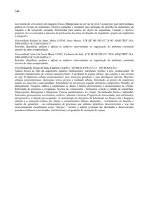 346
movimento de terra através de maquetes físicas. Interpolação de curvas de nível. Convenções para representação
gráfica de projeto de arquitetura. Objetiva capacitar o estudante para utilização do desenho de arquitetura, da
maquete e da topografia enquanto ferramentas para análise do objeto de arquitetura. Visando o objetivo
proposto, faz-se necessária a presença de professores das áreas de desenho de arquitetura, projeto de arquitetura
e topografia.
Universidade Federal de Santa Maria (UFSM, Santa Maria): ATELIÊ DE PROJETO DE ARQUITETURA,
URBANISMO E PAISAGISMO 1
Perceber, identificar, analisar e aplicar as variáveis intervenientes na organização do ambiente construído
exterior de baixa complexidade.
Universidade Federal de Santa Maria (UFSM, Cachoeira do Sul): ATELIÊ DE PROJETO DE ARQUITETURA,
URBANISMO E PAISAGISMO 1
Perceber, identificar, analisar e aplicar as variáveis intervenientes na organização do ambiente construído
exterior de baixa complexidade.
Universidade do Estado de Santa Catarina (UDESC): TEORIAS E PROJETO – INTRODUÇÃO
Análise básica de obra da arquitetura; aspectos institucionais, estruturais, formais e pós- ocupacionais. Os
elementos fundamentais do sistema espacial urbano. A produção do espaço urbano: seus agentes e suas formas
de agir. O fenômeno urbano contemporâneo: seus processos geradores e suas abordagens teóricas. Questões
urbanas contemporâneas: ideologias, teoria, projeto e realidade urbana. Introdução ao projeto de arquitetura
quanto aos seus fins e especialidades. Estruturação de um projeto segundo elementos competentes. Métodos de
planejamento. Pesquisa, análise e organização de dados e fatores determinantes e condicionantes de projeto.
Elaboração de conceitos e programas. Noções de composições , dimensões, criação e partido de arquitetura.
Organograma, fluxograma e fisiograma. Fatores condicionantes do projeto. Necessidades básica e derivadas:
funcionais, psicossociais, econômicas, estético- culturais e técnicas. Programa de necessidades para edificações:
antropometria, avaliação pós-ocupação. A metodologia da disciplina de Introdução ao Projeto alia a bagagem
cultural e o potencial criativo dos alunos a conhecimentos básicos adquiridos – instrumentos de desenho e
noções de geometria – no embasamento de processos que culturas primitivas desenvolveram e que são
conceitualmente classificados como “abrigos”. Durante a prática projetual são abordadas e desenvolvidas
questões relativas à conceituação, interferências e proposições de ocupação do espaço.
 