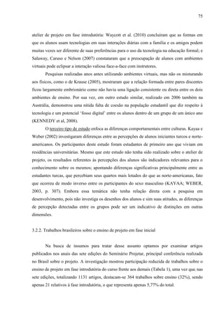 75
atelier de projeto em fase introdutória: Waycott et al. (2010) concluíram que as formas em
que os alunos usam tecnologias em suas interações diárias com a família e os amigos podem
muitas vezes ser diferente de suas preferências para o uso da tecnologia na educação formal; e
Salaway, Caruso e Nelson (2007) constataram que a preocupação de alunos com ambientes
virtuais pode eclipsar a interação valiosa face-a-face com instrutores.
Pesquisas realizadas anos antes utilizando ambientes virtuais, mas não os misturando
aos físicos, como o de Krause (2005), mostraram que a relação formada entre pares discentes
ficou largamente embrionário como não havia uma ligação consistente ou direta entre os dois
ambientes de ensino. Por sua vez, em outro estudo similar, realizado em 2006 também na
Austrália, demonstrou uma nítida falta de coesão na população estudantil que diz respeito à
tecnologia e um potencial ‘fosso digital’ entre os alunos dentro de um grupo de um único ano
(KENNEDY et al, 2008).
O terceiro tipo de estudo enfoca as diferenças comportamentais entre culturas. Kayaa e
Weber (2002) investigaram diferenças entre as percepções de alunos iniciantes turcos e norte-
americanos. Os participantes deste estudo foram estudantes de primeiro ano que viviam em
residências universitárias. Mesmo que este estudo não tenha sido realizado sobre o atelier de
projeto, os resultados referentes às percepções dos alunos são indicadores relevantes para o
conhecimento sobre os mesmos; apontando diferenças significativas principalmente entre as
estudantes turcas, que percebiam seus quartos mais lotados do que as norte-americanas, fato
que ocorreu de modo inverso entre os participantes do sexo masculino (KAYAA; WEBER,
2003, p. 307). Embora essa temática não tenha relação direta com a pesquisa em
desenvolvimento, pois não investiga os desenhos dos alunos e sim suas atitudes, as diferenças
de percepção detectadas entre os grupos pode ser um indicativo de distinções em outras
dimensões.
3.2.2. Trabalhos brasileiros sobre o ensino de projeto em fase inicial
Na busca de insumos para tratar desse assunto optamos por examinar artigos
publicados nos anais das sete edições do Seminário Projetar, principal conferência realizada
no Brasil sobre o projeto. A investigação mostrou participação reduzida de trabalhos sobre o
ensino de projeto em fase introdutória do curso frente aos demais (Tabela 1), uma vez que, nas
sete edições, totalizando 1131 artigos, destacam-se 364 trabalhos sobre ensino (32%), sendo
apenas 21 relativos à fase introdutória, o que representa apenas 5,77% do total.
 